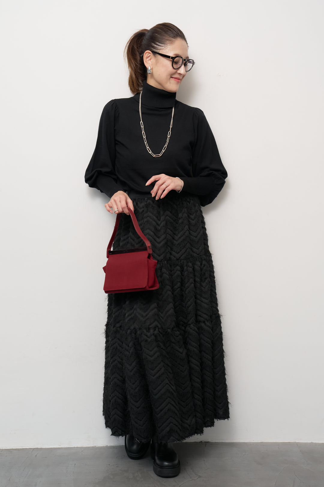 パフスリーブタートルネックニット