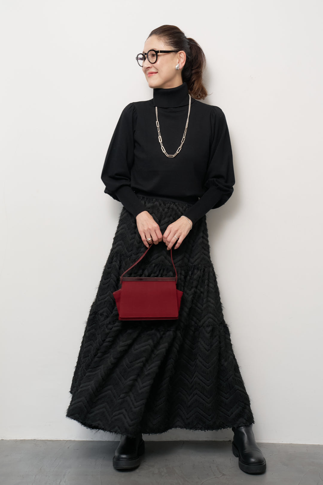 パフスリーブタートルネックニット