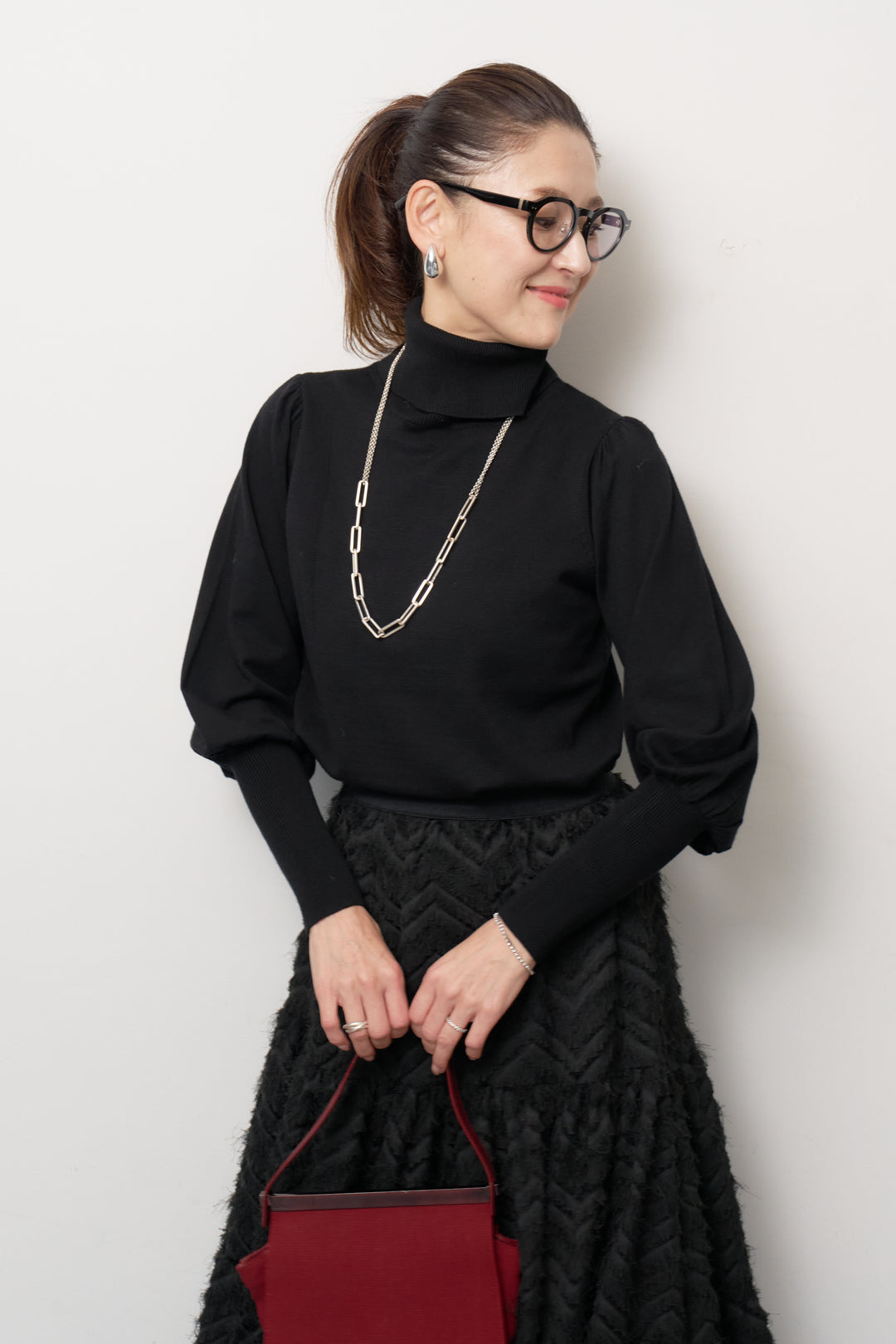 パフスリーブタートルネックニット