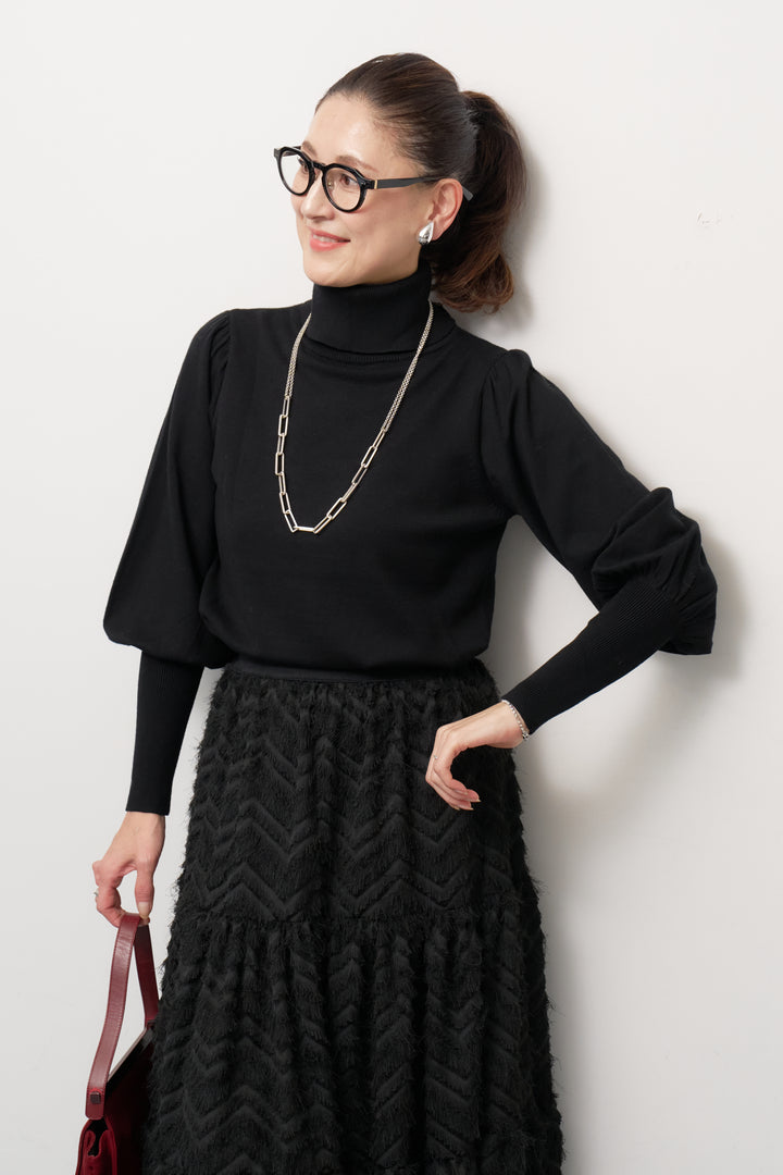 パフスリーブタートルネックニット