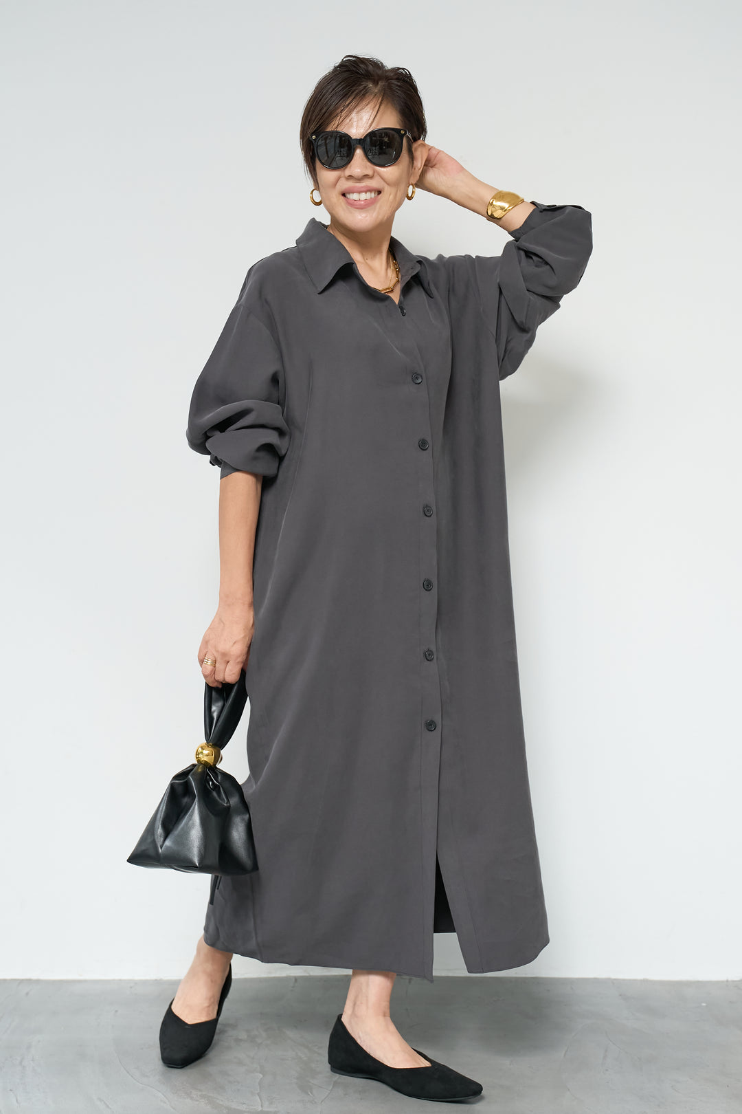 スカーフ巻きシャツワンピース