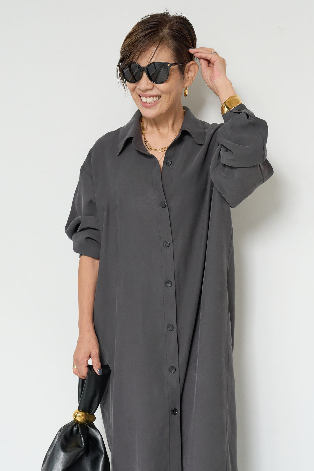 スカーフ巻きシャツワンピース