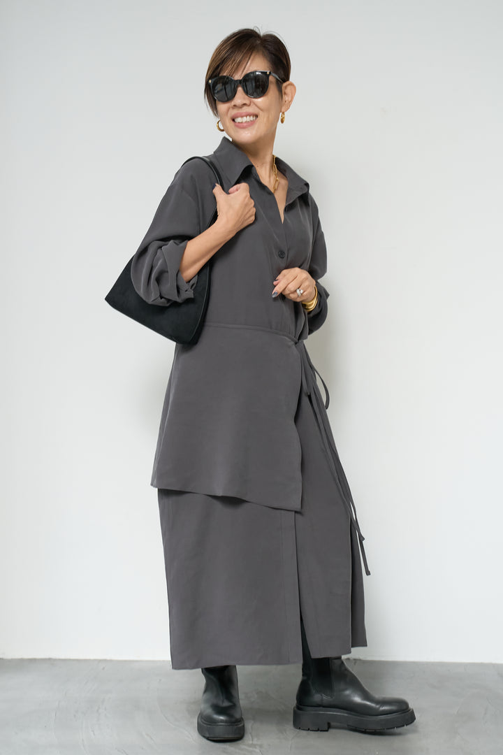 スカーフ巻きシャツワンピース