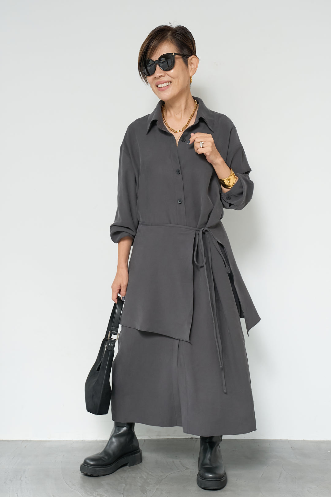 スカーフ巻きシャツワンピース