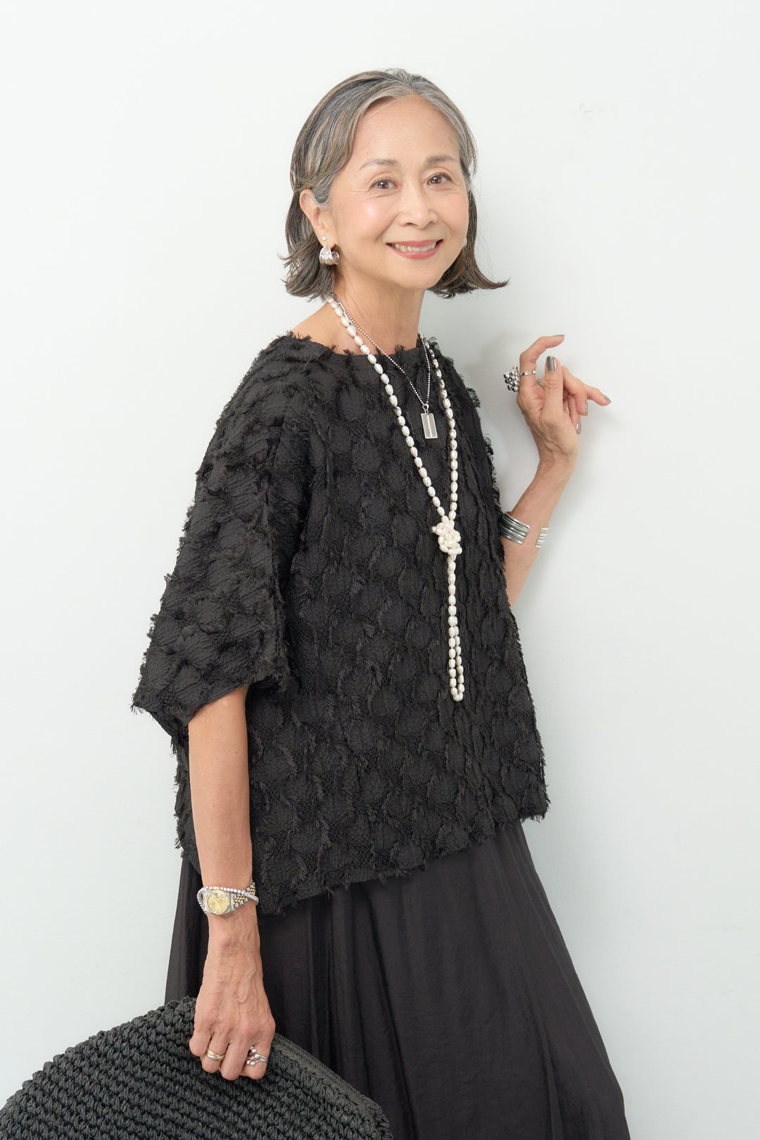 ジャガードフリンジブラウス
