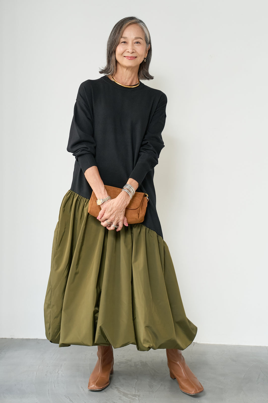 裾バルーン切替ワンピース