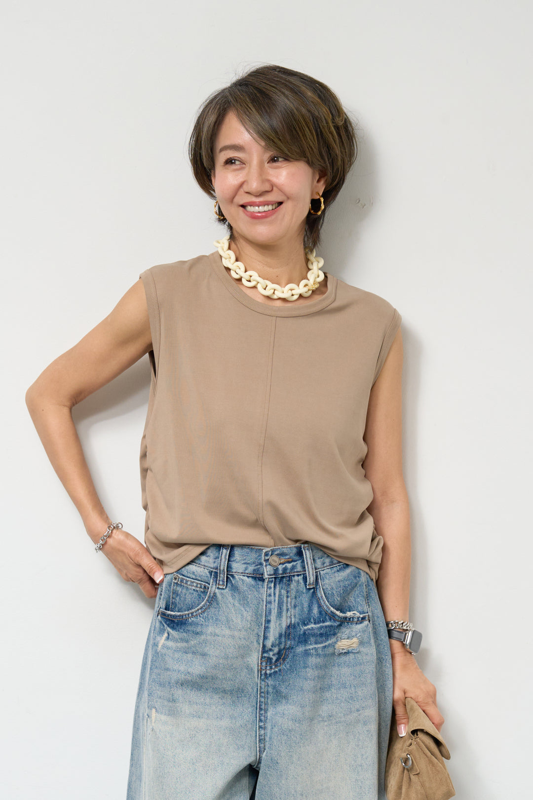 サイドギャザーノースリーブトップス