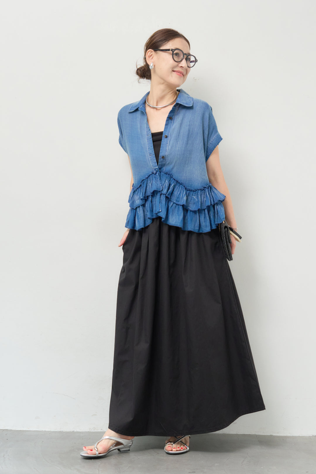 カップ付き布帛ドッキングワンピース