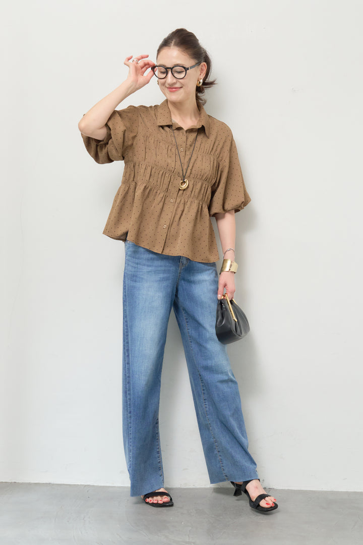 ドット柄シャーリングブラウス