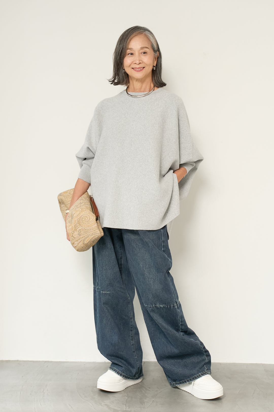 [SET]ウォッシャブルポンチョニット+カーブデニムパンツ(2set)