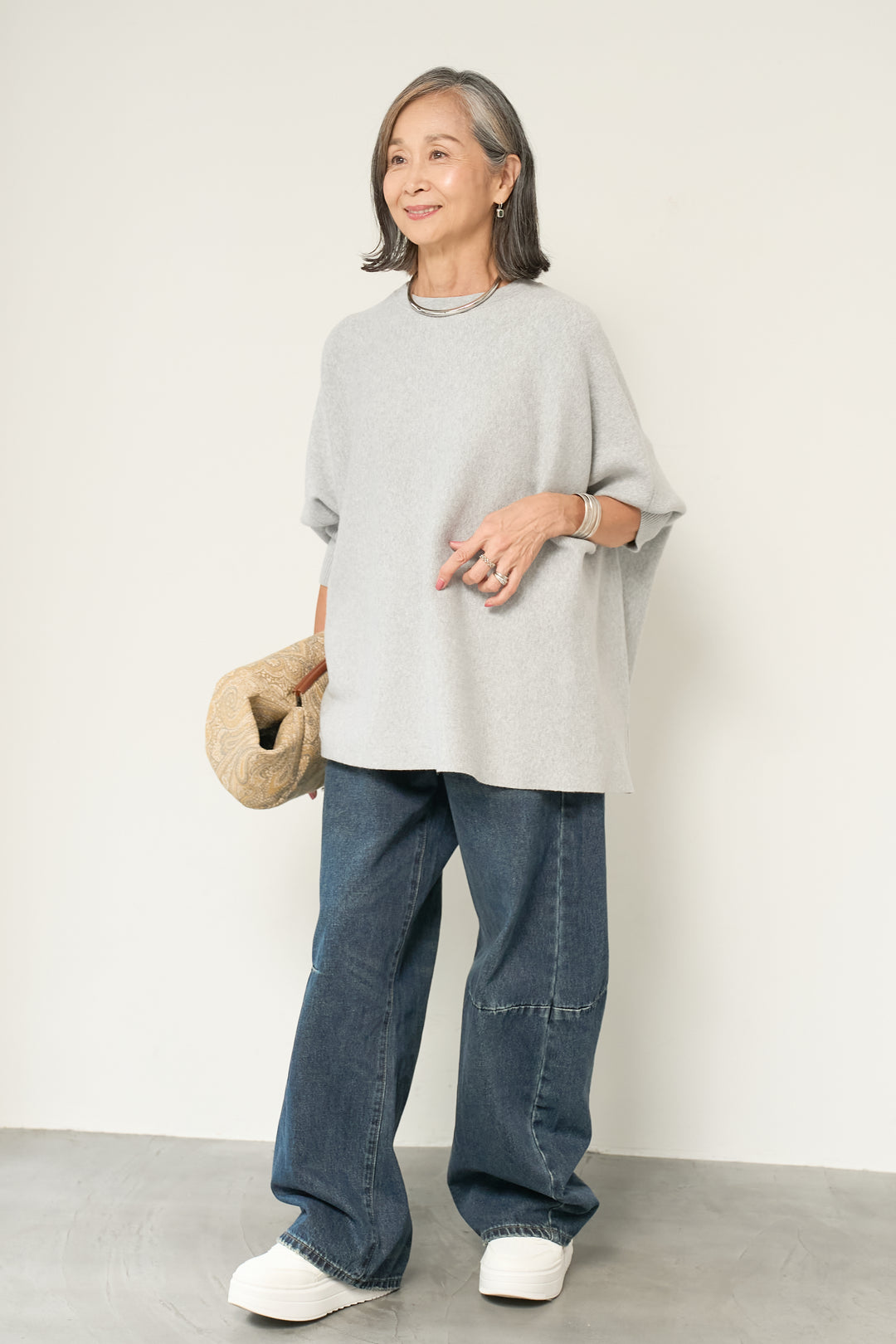 [SET]ウォッシャブルポンチョニット+カーブデニムパンツ(2set)