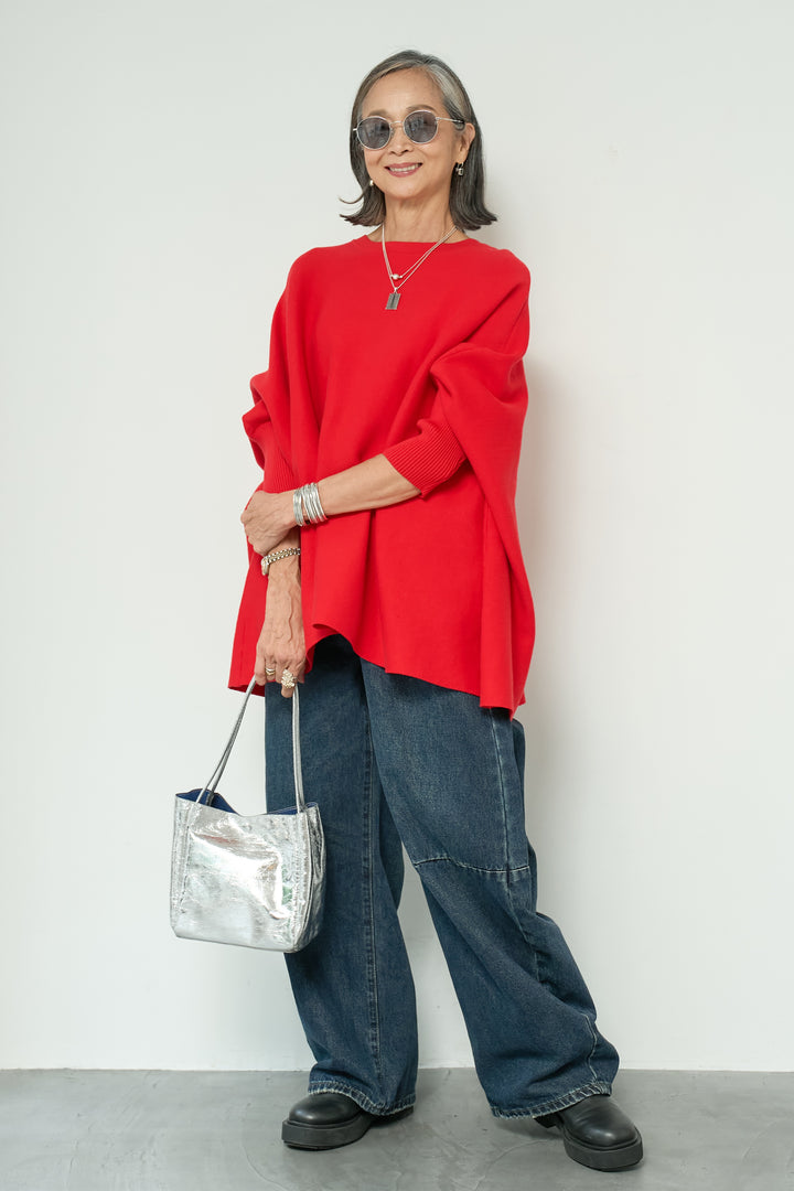 [SET]ウォッシャブルポンチョニット+カーブデニムパンツ(2set)