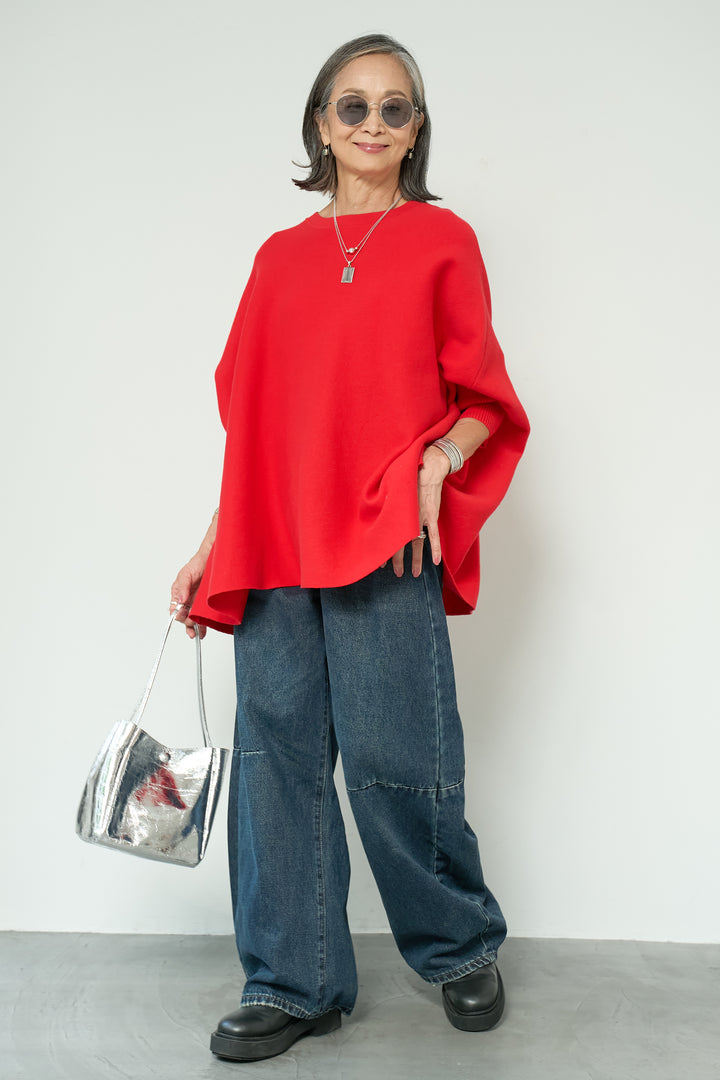 [SET]ウォッシャブルポンチョニット+カーブデニムパンツ(2set)