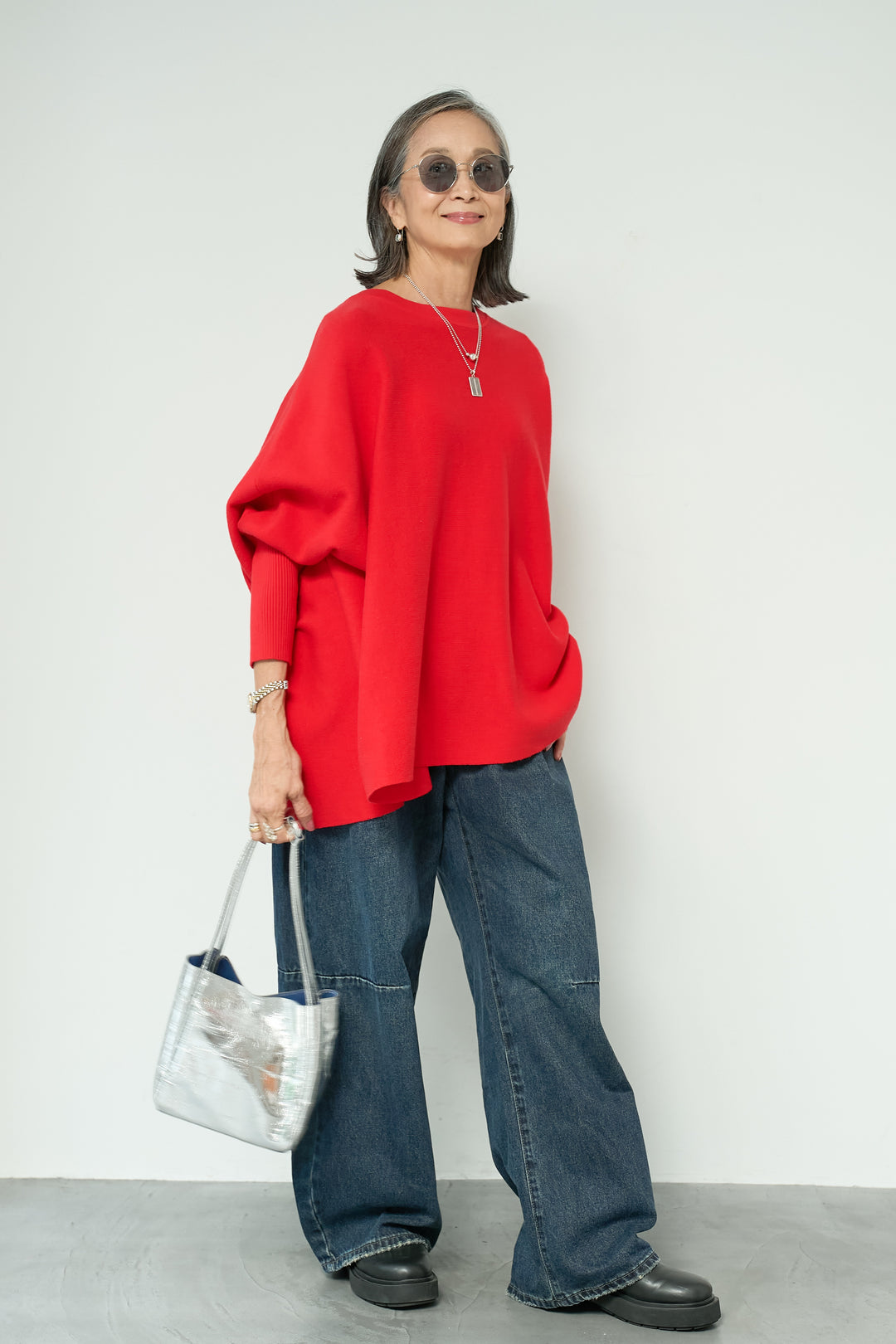 [SET]ウォッシャブルポンチョニット+カーブデニムパンツ(2set)