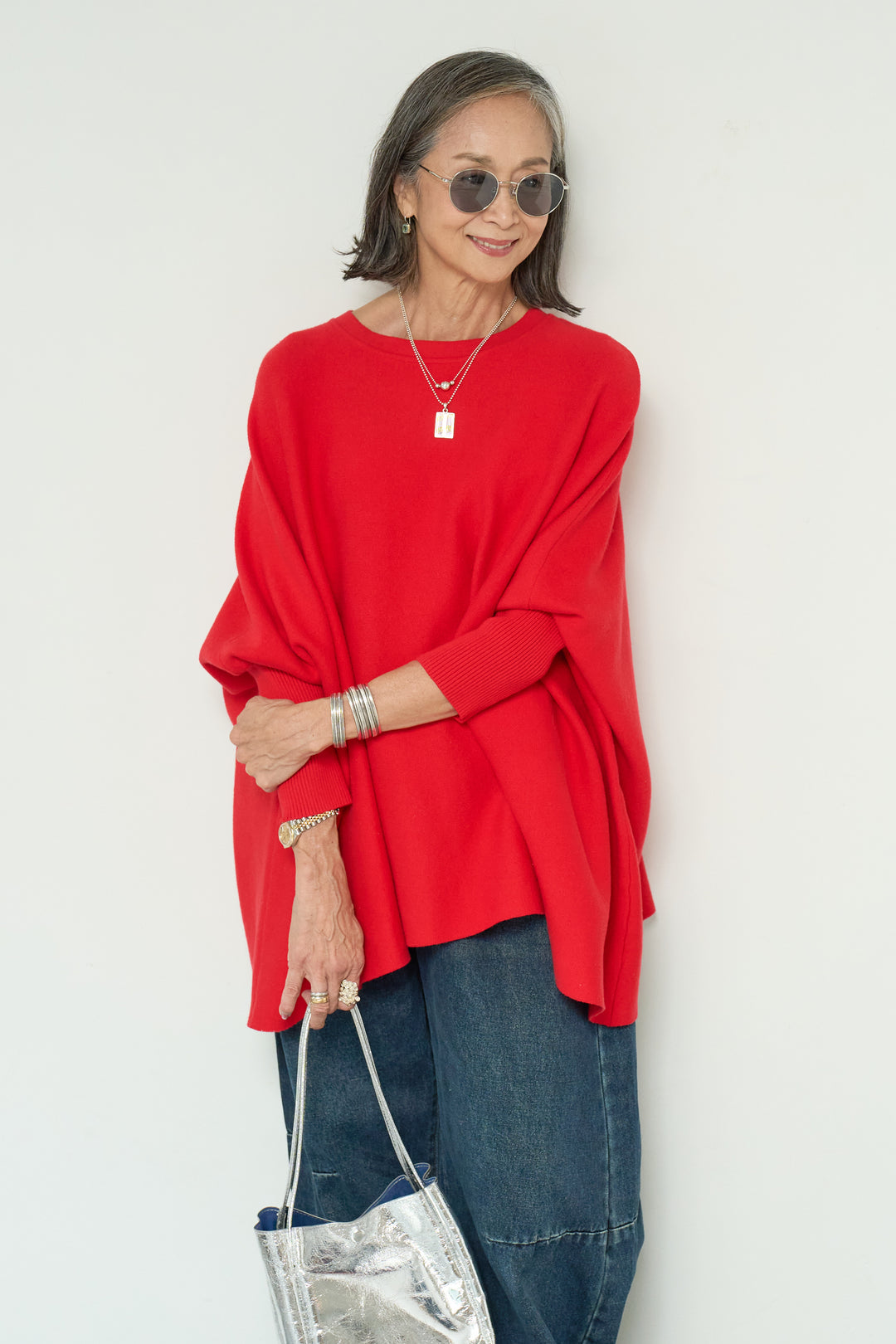 [SET]ウォッシャブルポンチョニット+カーブデニムパンツ(2set)