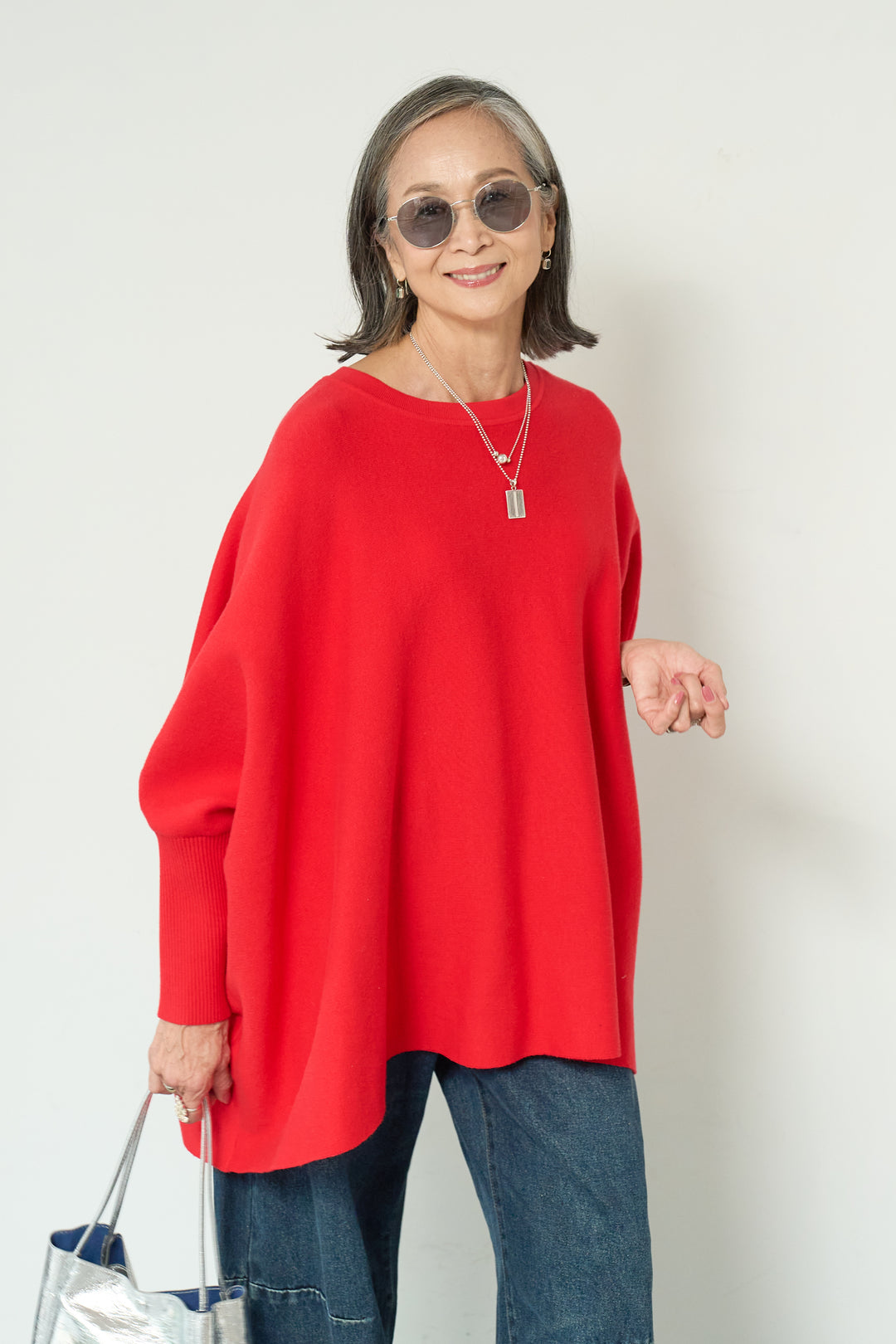 [SET]ウォッシャブルポンチョニット+カーブデニムパンツ(2set)