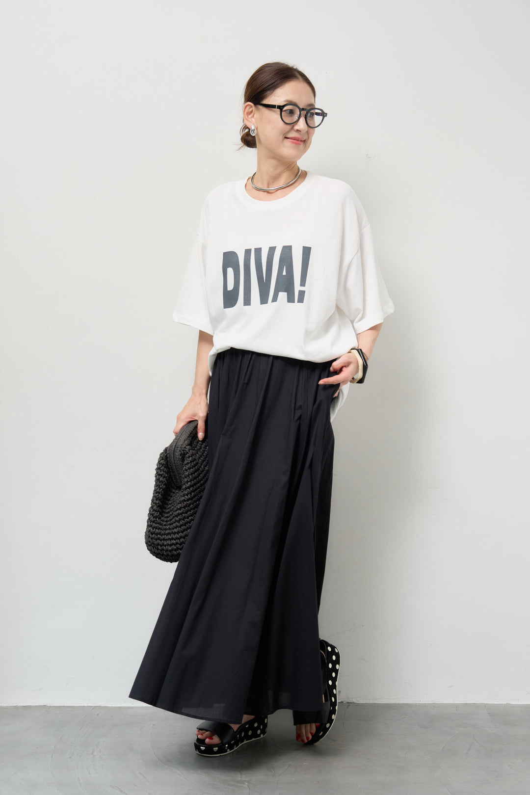 [SET]オーバーサイズDIVA Tシャツ+コットンボイルフレアロングスカート(2set)
