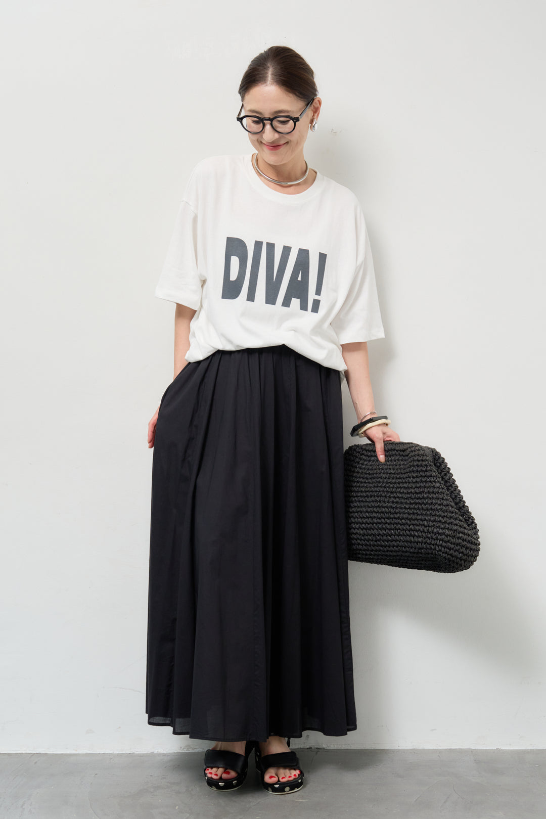 [SET]オーバーサイズDIVA Tシャツ+コットンボイルフレアロングスカート(2set)