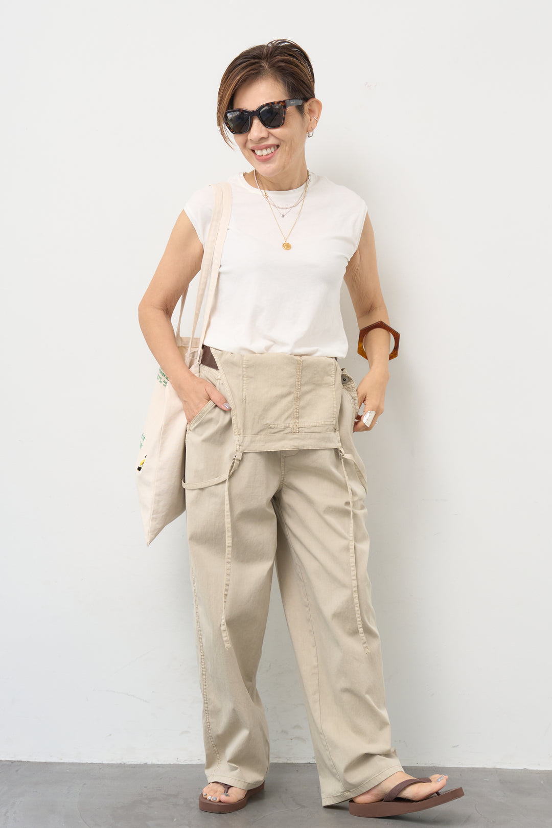 [SET]サイドギャザー フレンチスリーブ プルオーバー+デニムワイド リラックス オールインワン(2set)