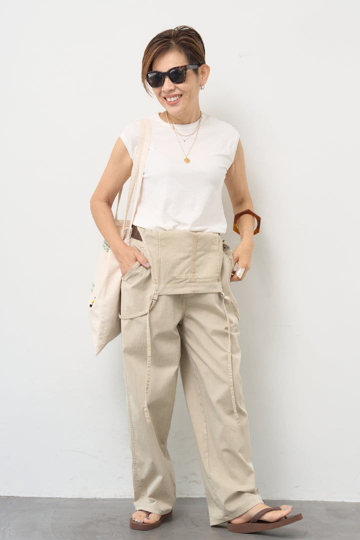[SET]サイドギャザー フレンチスリーブ プルオーバー+デニムワイド リラックス オールインワン(2set)