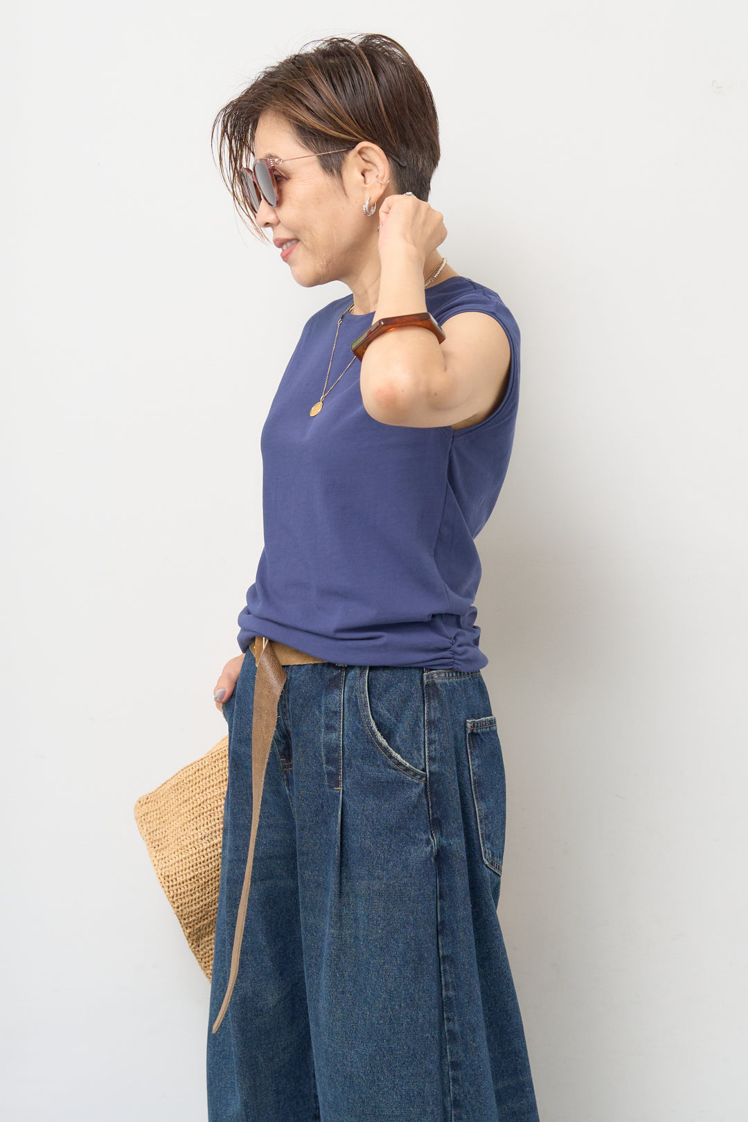 [SET]サイドギャザー フレンチスリーブ プルオーバー+カーブデニムパンツ(2set)