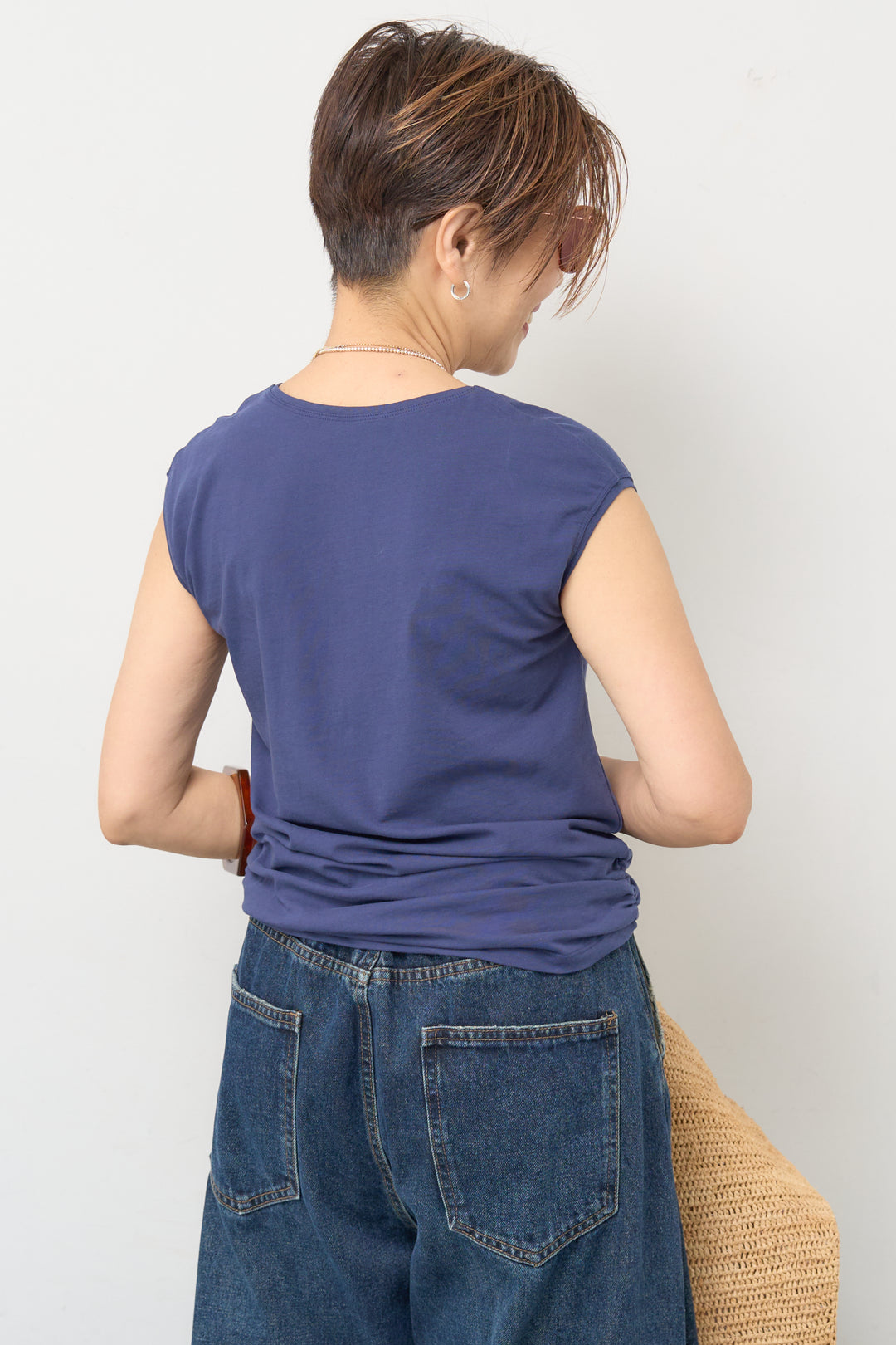 [SET]サイドギャザー フレンチスリーブ プルオーバー+カーブデニムパンツ(2set)