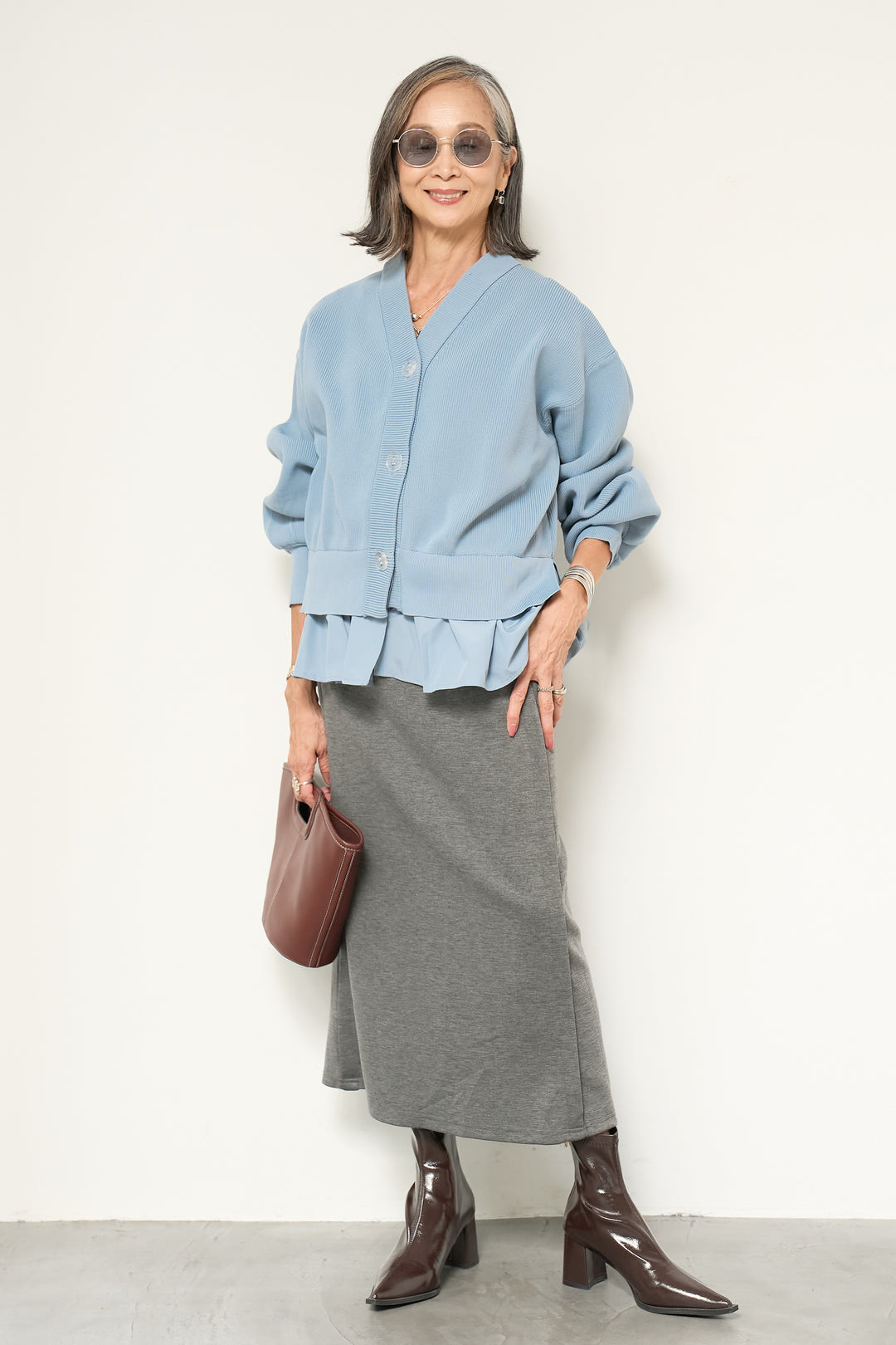 異素材ドッキングニットカーディガン