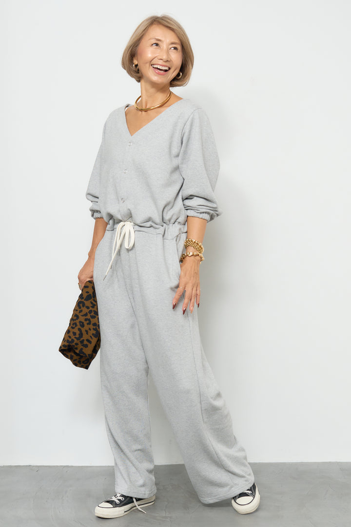 スウェット長袖Vネックオールインワン