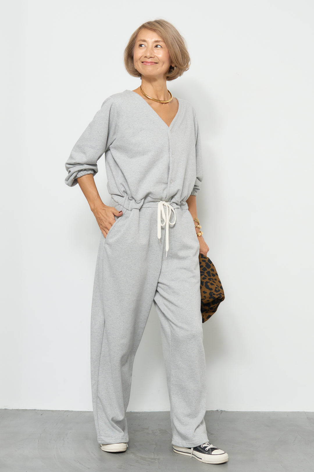 スウェット長袖Vネックオールインワン