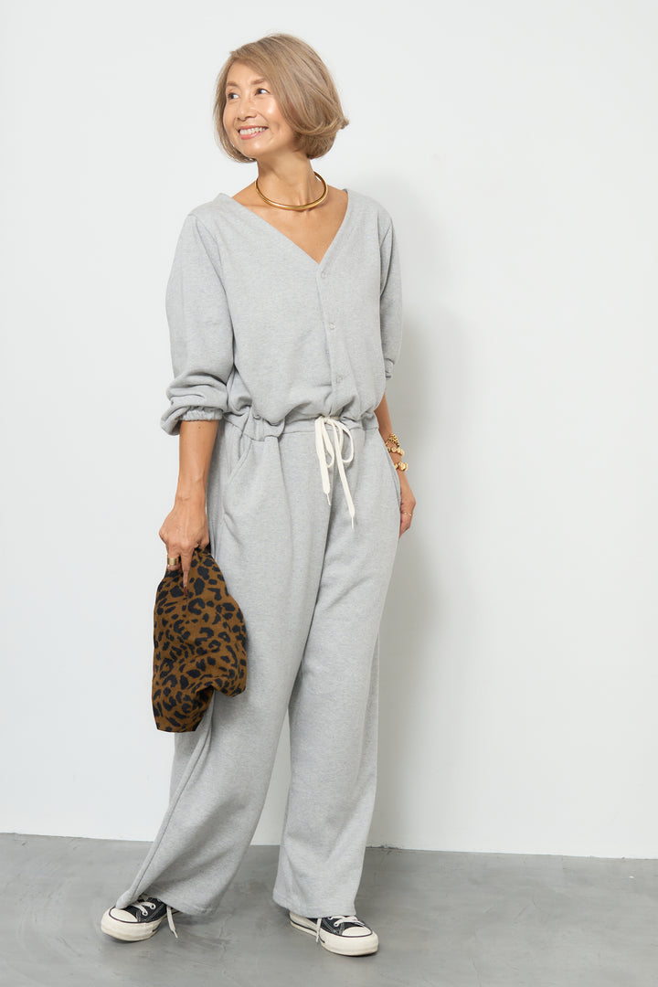 スウェット長袖Vネックオールインワン