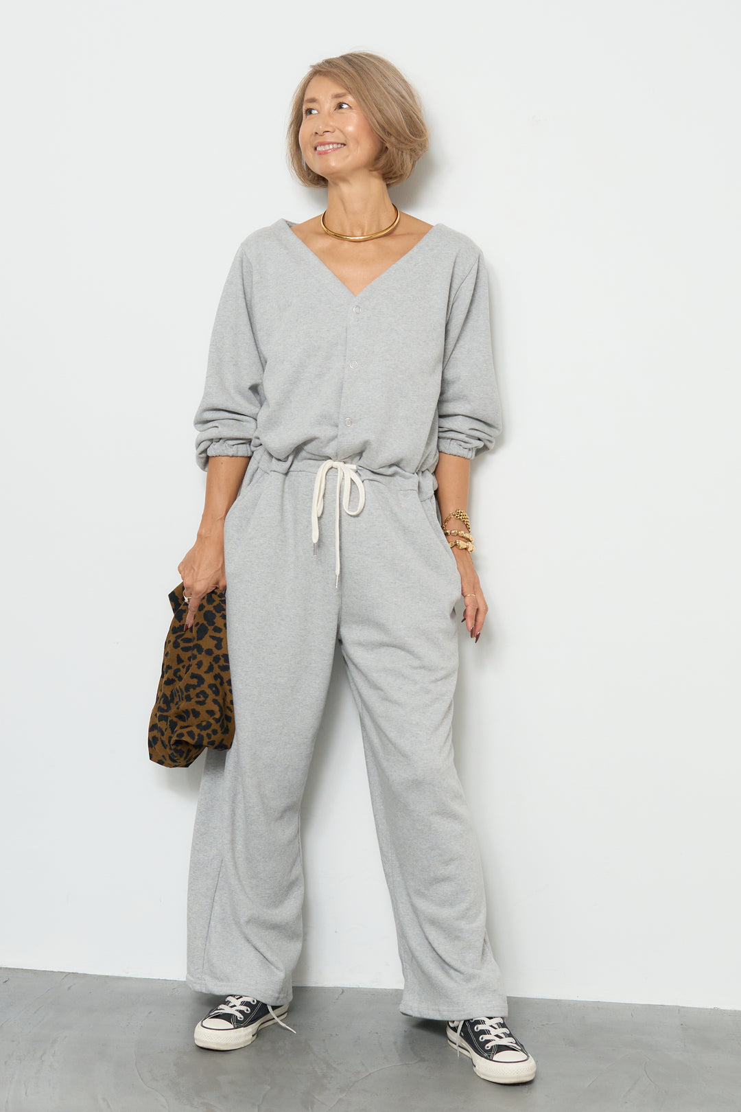 スウェット長袖Vネックオールインワン