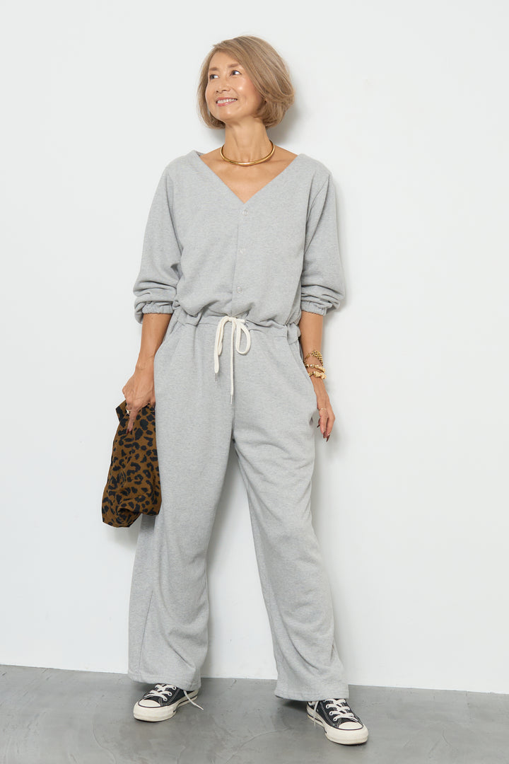 スウェット長袖Vネックオールインワン