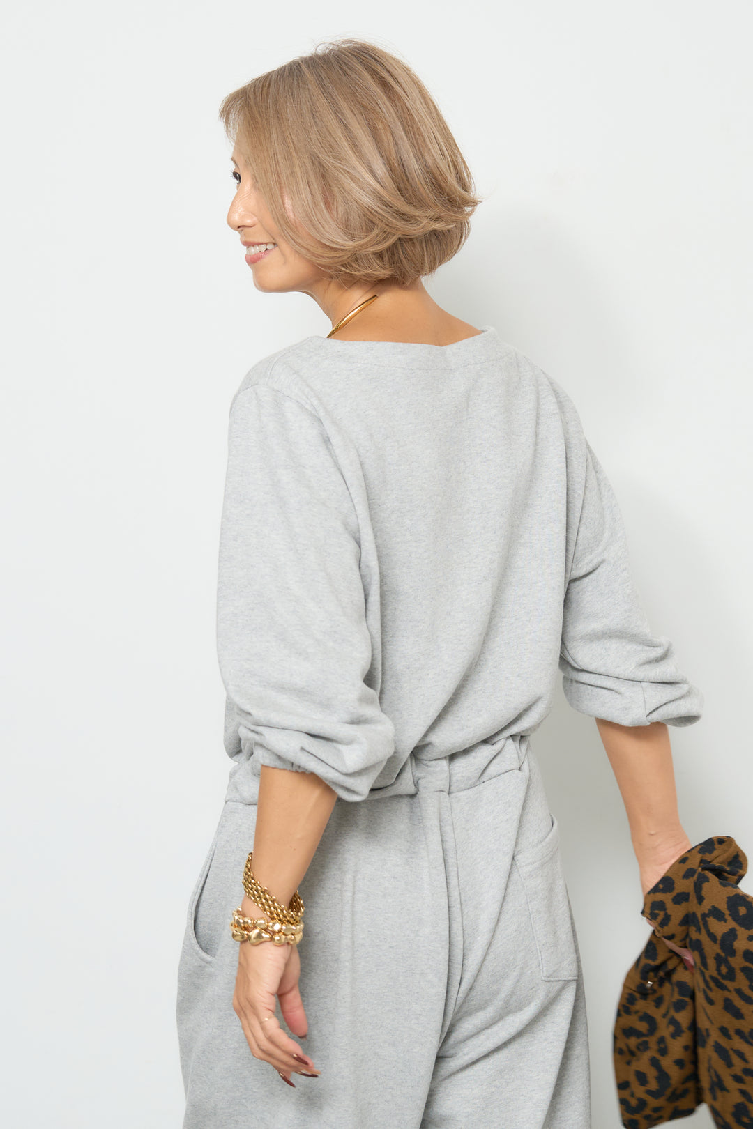 スウェット長袖Vネックオールインワン