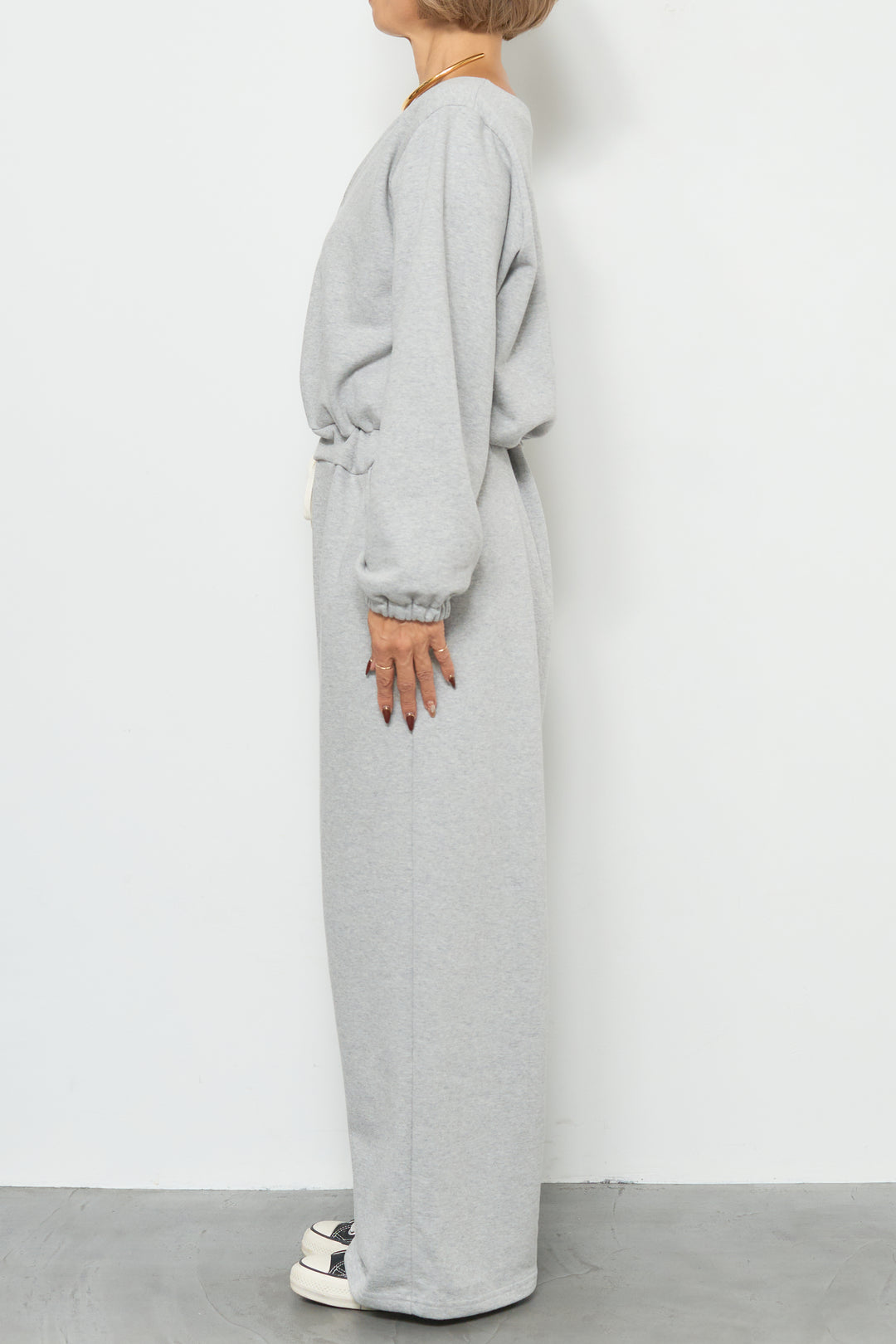 スウェット長袖Vネックオールインワン