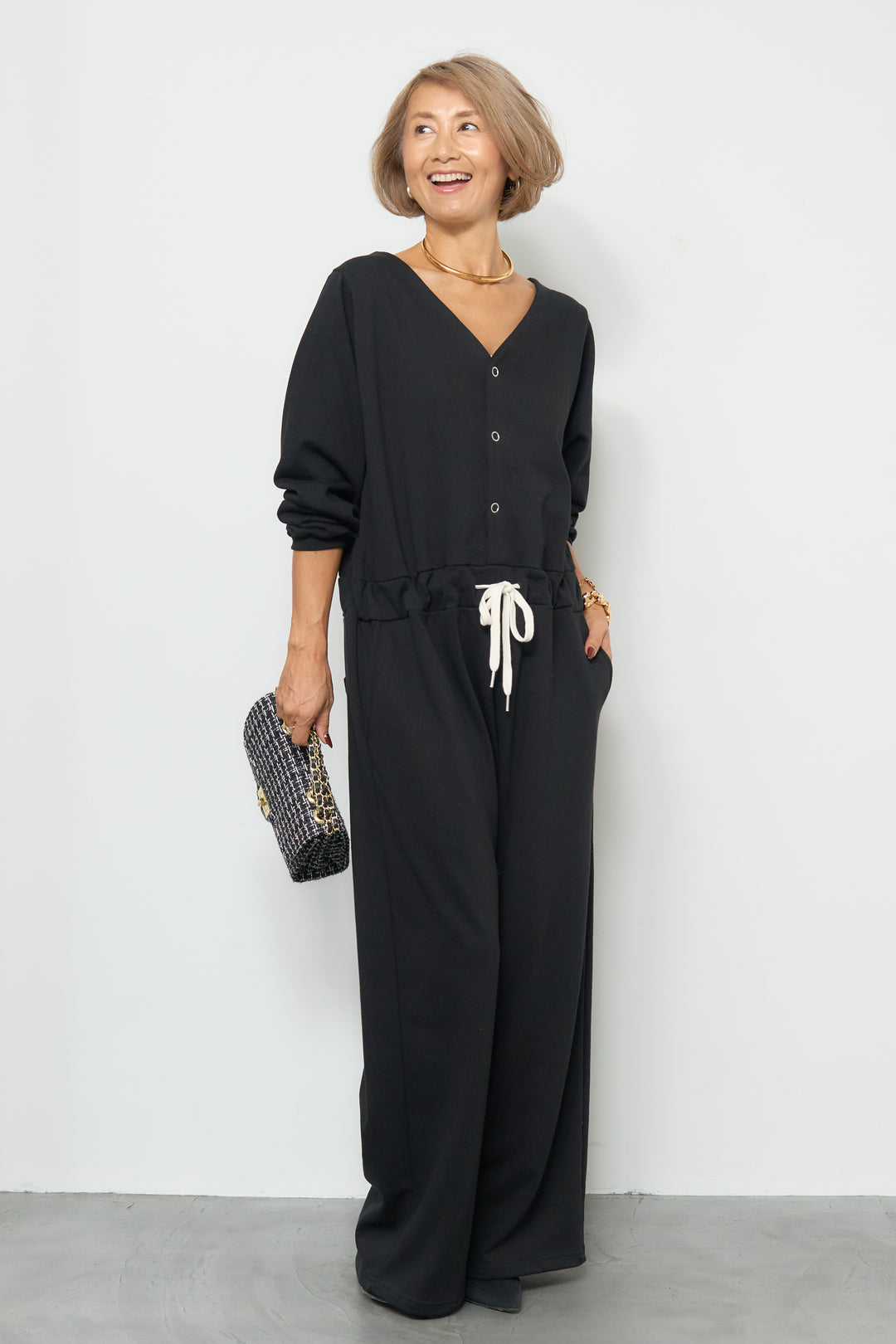 スウェット長袖Vネックオールインワン