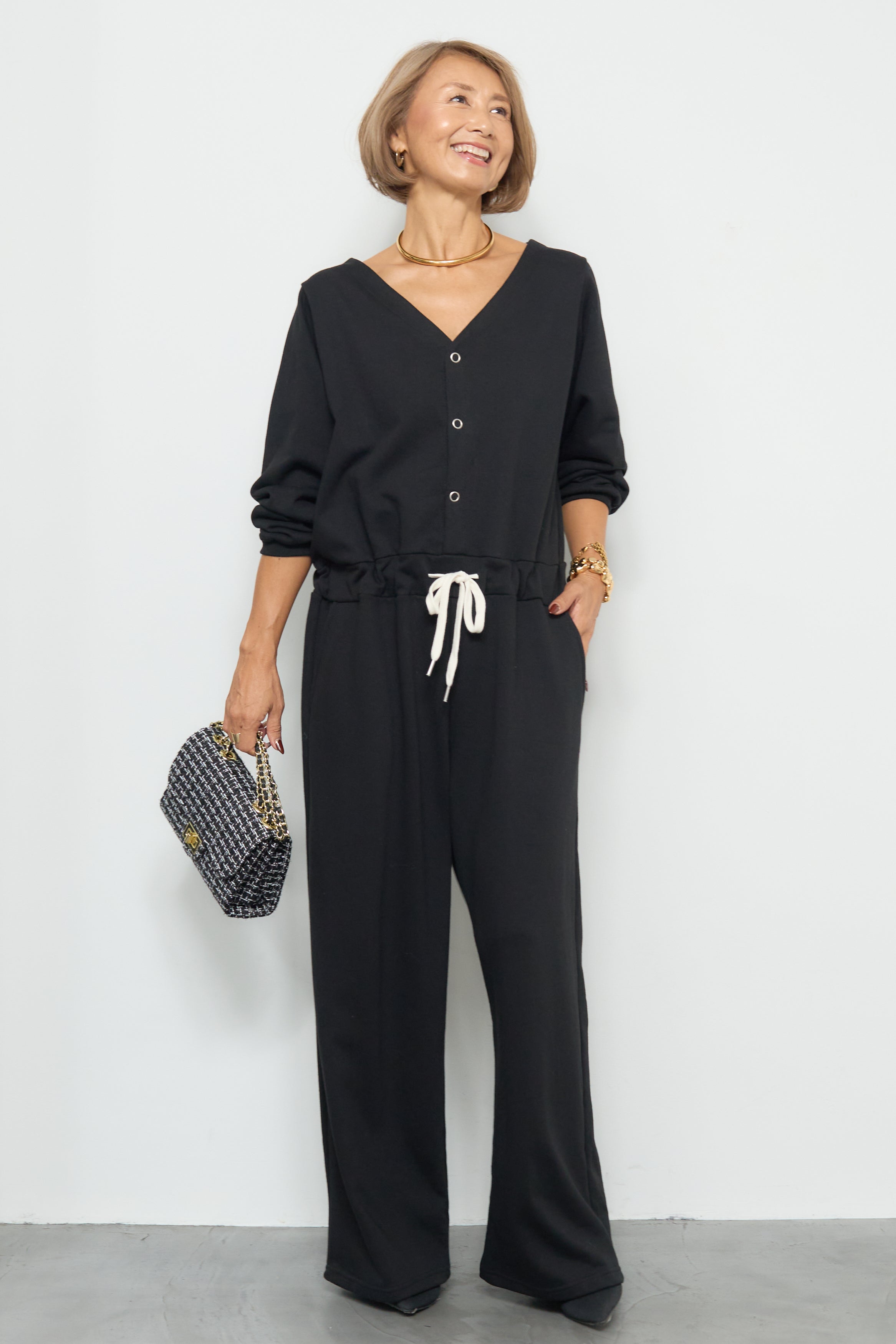 スウェットVネック オールインワン　ネイビー スウェット長袖Vネックオールインワン – plusotoha