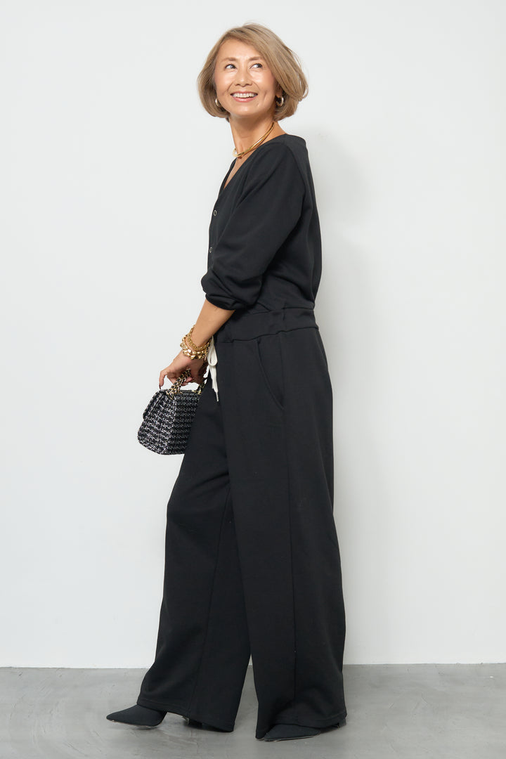 スウェット長袖Vネックオールインワン