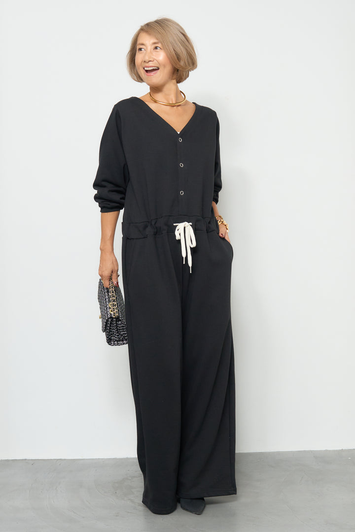 スウェット長袖Vネックオールインワン