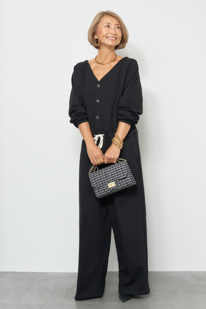 スウェット長袖Vネックオールインワン