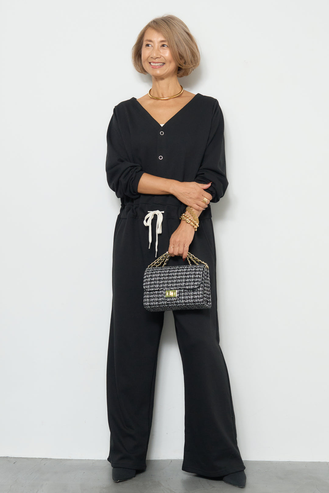 スウェット長袖Vネックオールインワン