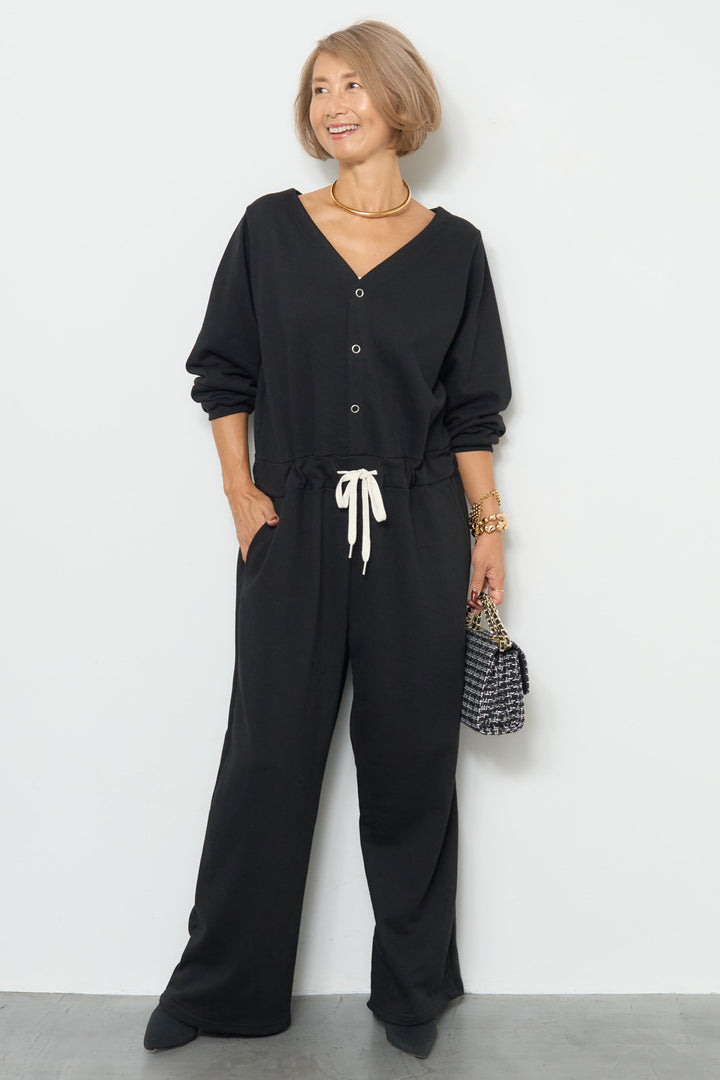 スウェット長袖Vネックオールインワン