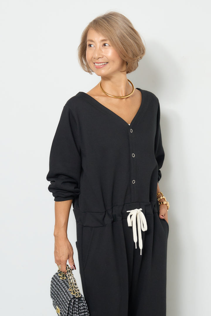 スウェット長袖Vネックオールインワン