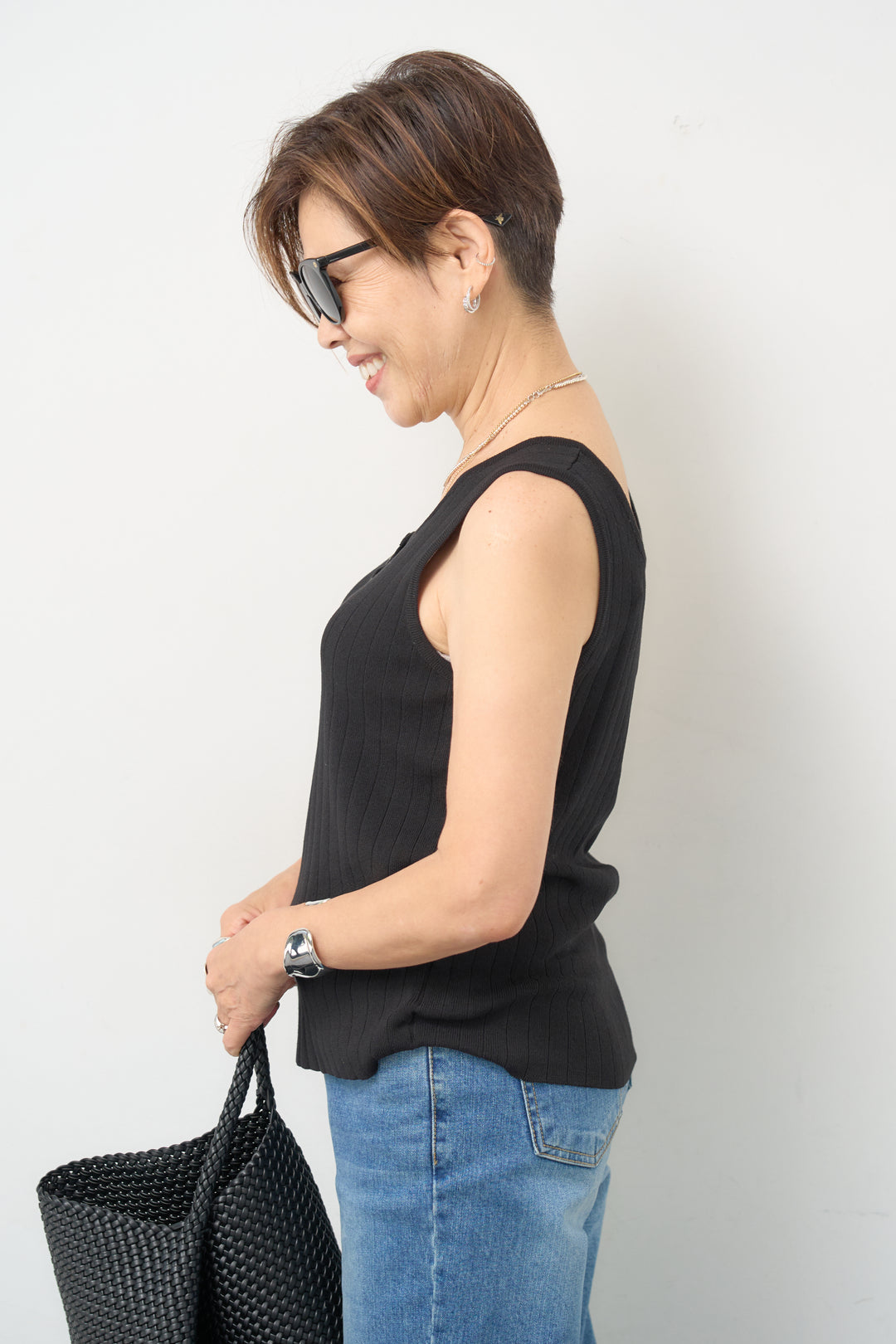 ヘンリーネック風 リブ編み タンクトップ