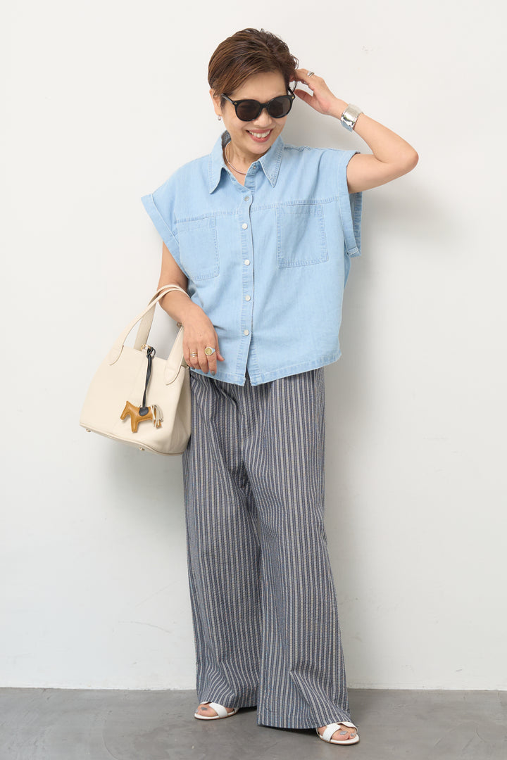 ストライプ柄 ドロスト ワイドストレートパンツ