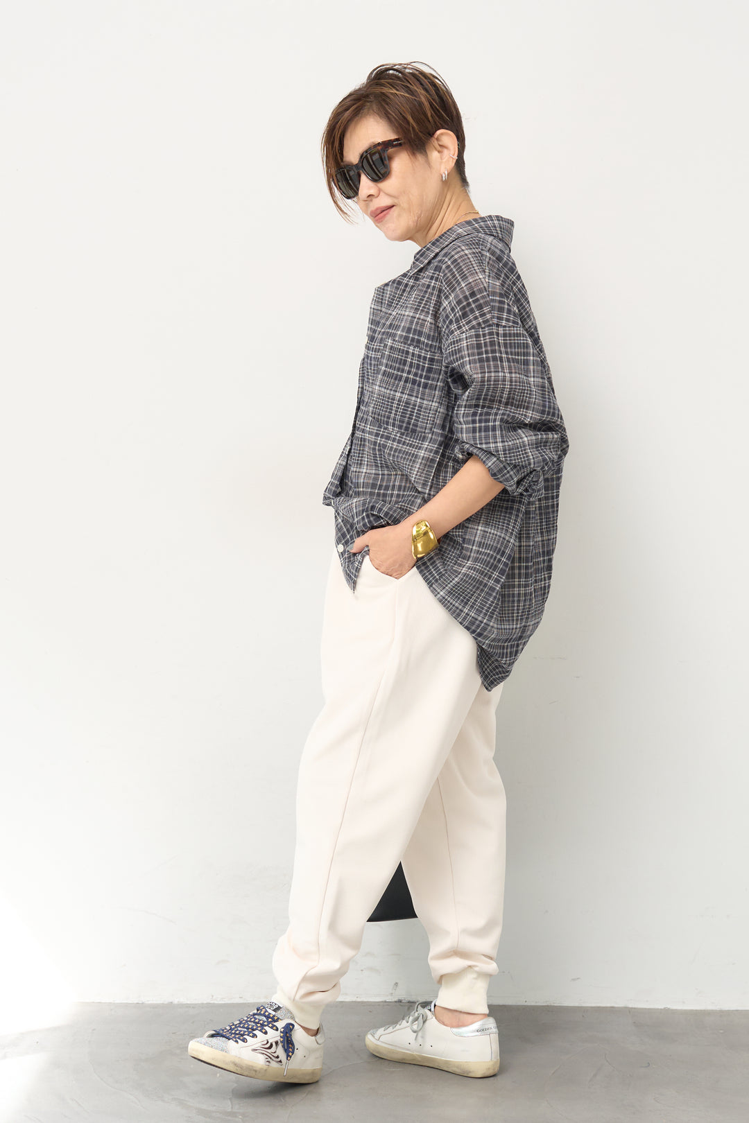 ワッシャー加工 チェックプリント ロングスリーブシャツ