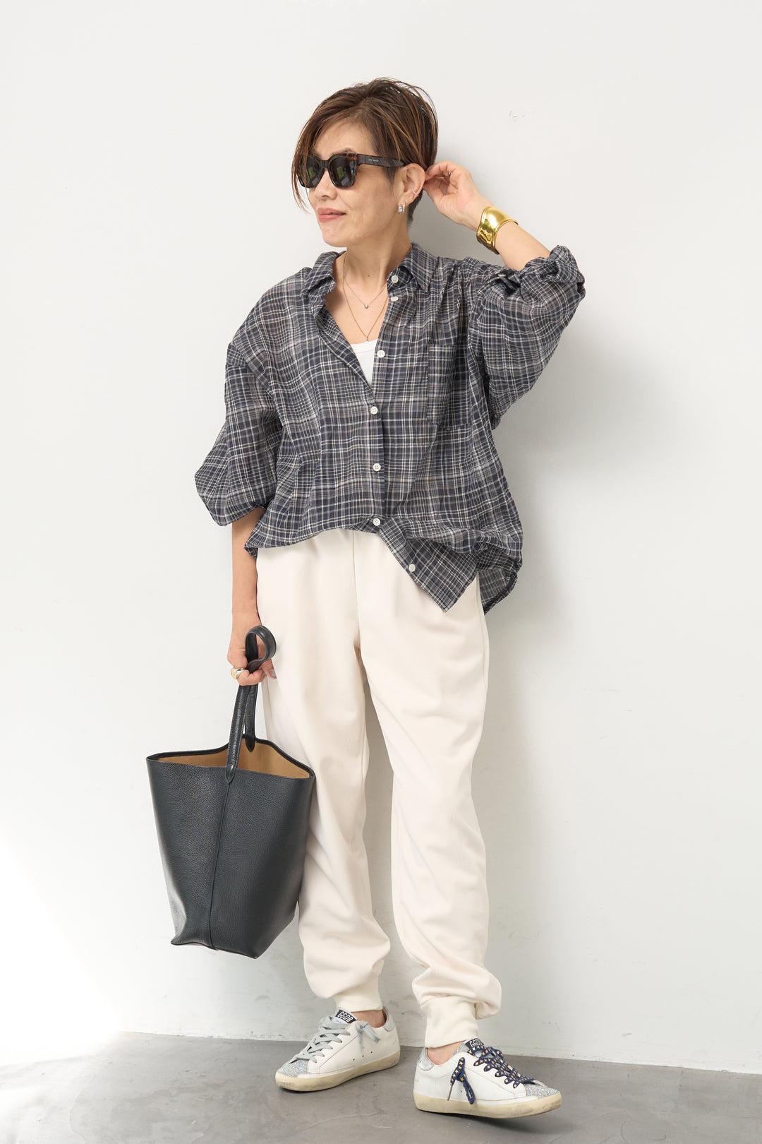 ワッシャー加工 チェックプリント ロングスリーブシャツ