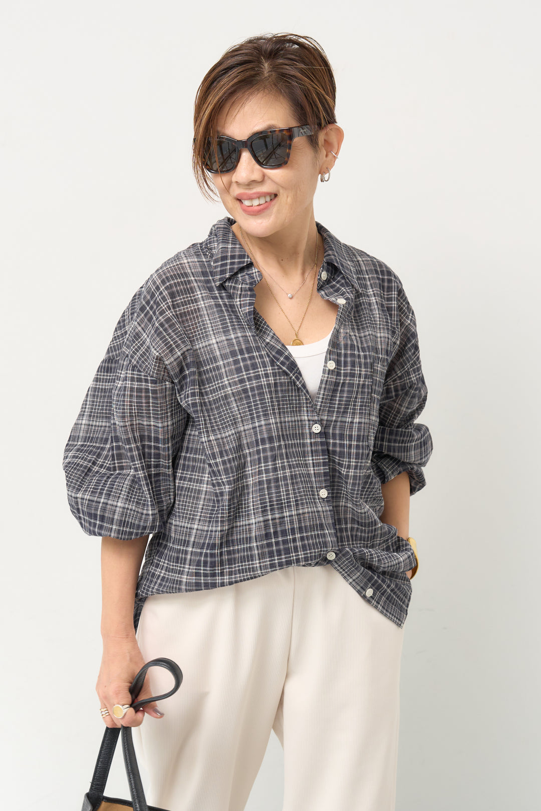 ワッシャー加工 チェックプリント ロングスリーブシャツ