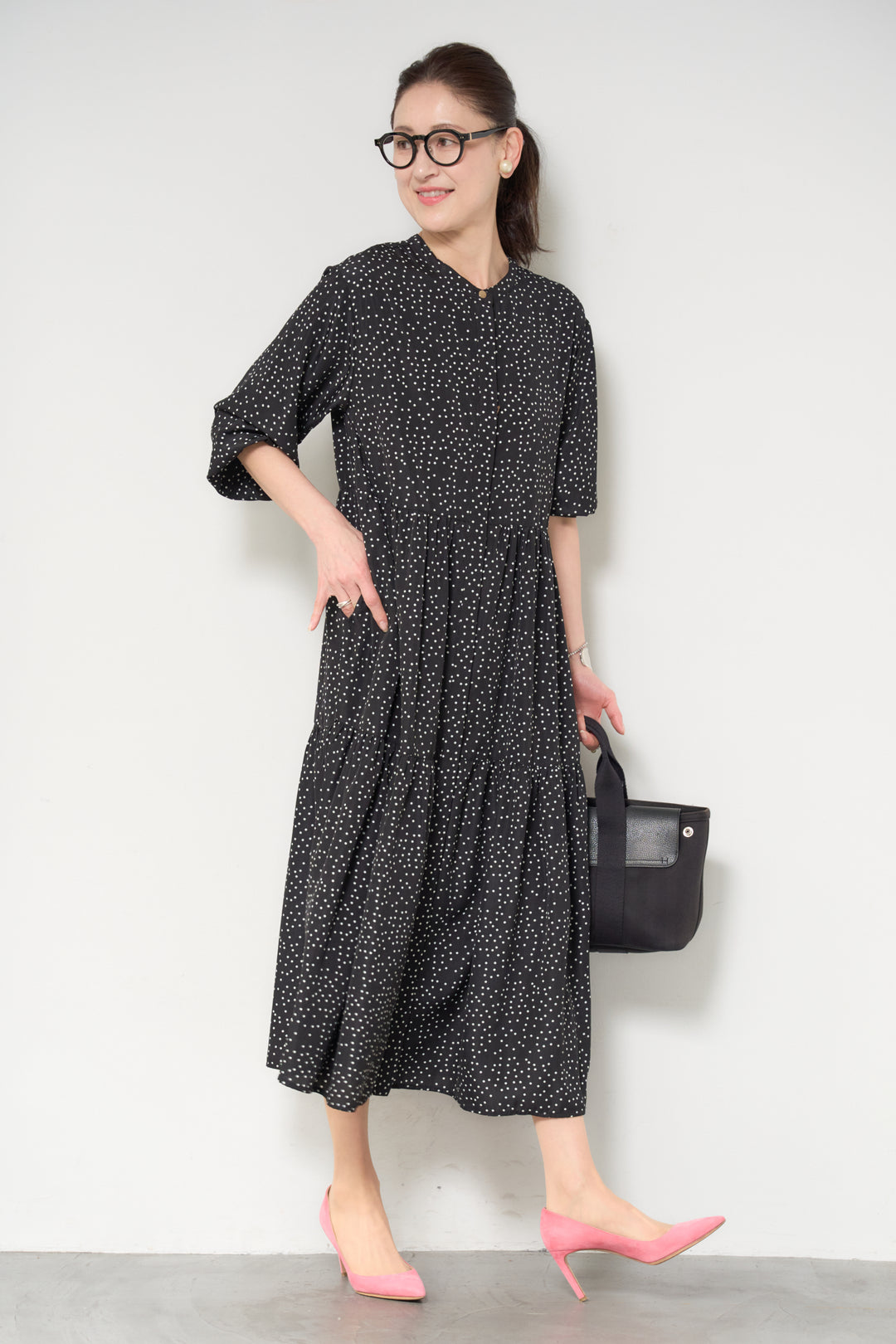 ドット柄ティアードワンピース