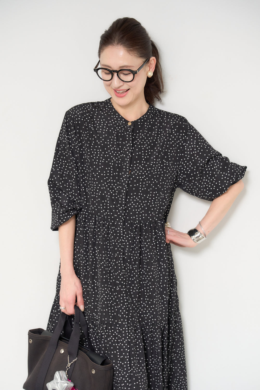 ドット柄ティアードワンピース