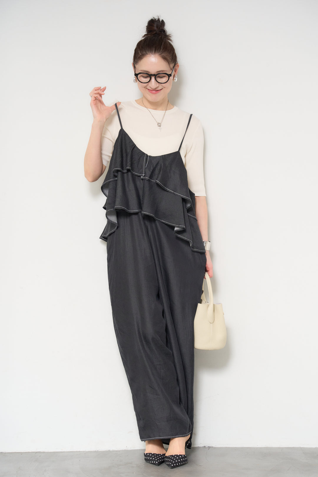 [SET]サラっと細リブニット+デニムフリルサロペット(2set)